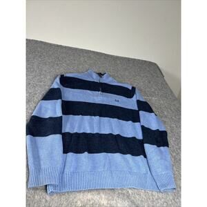 CHAPS Men's Blue Quarter Zip Pullover Blue Striped Crest Logo Sweater Size Large